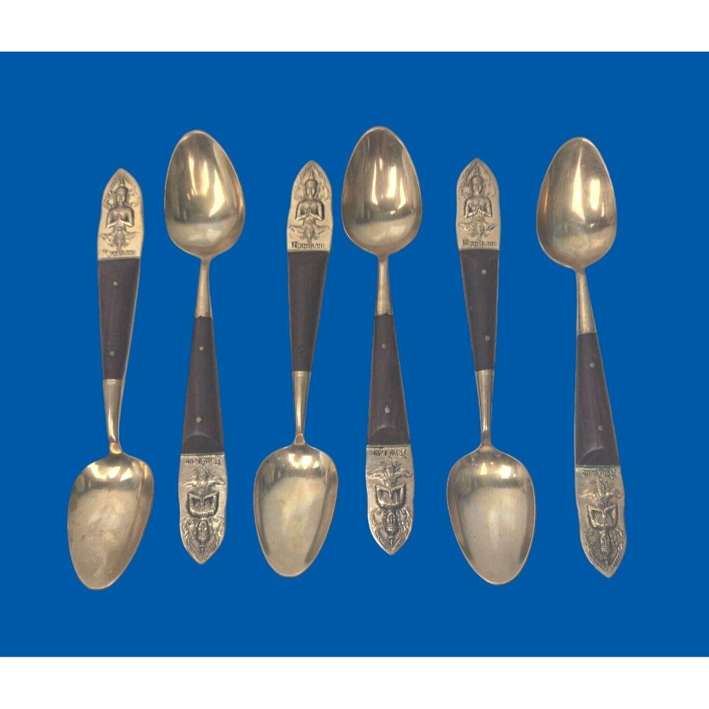 Vintage 6 Teaspoons Spoons Buddha Bronze Rosewood Flatware Siam Thailand 6.25”